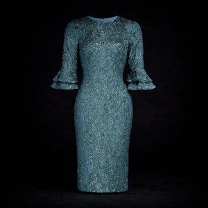 Theia Couture Cloque Metallic Floral Midi Evening Dress French Blue US 12 NWT